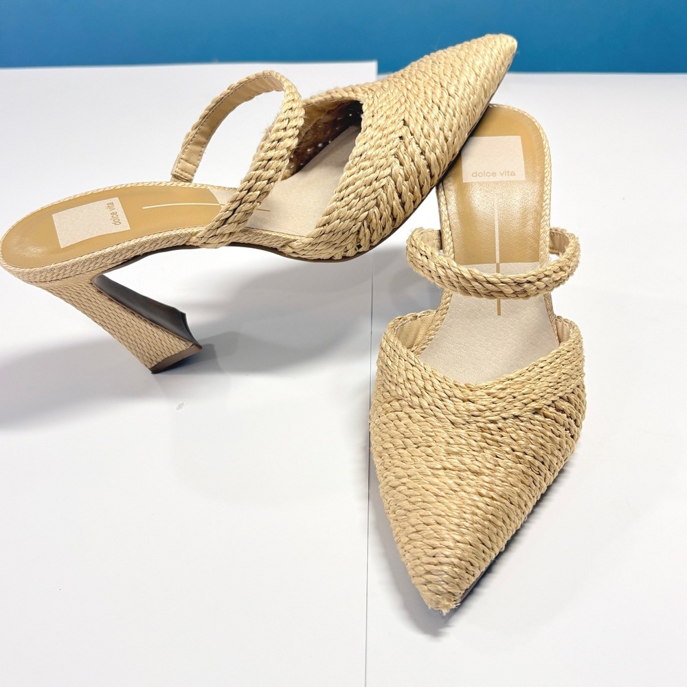 Dolce Vita Nascha Raffia Pointed Toe Chunky Heel Mule Size 7.5 Coastal Resort